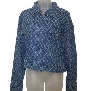 Marled Blue Cropped Denim Jacket XL Zip Front Geometric Pattern